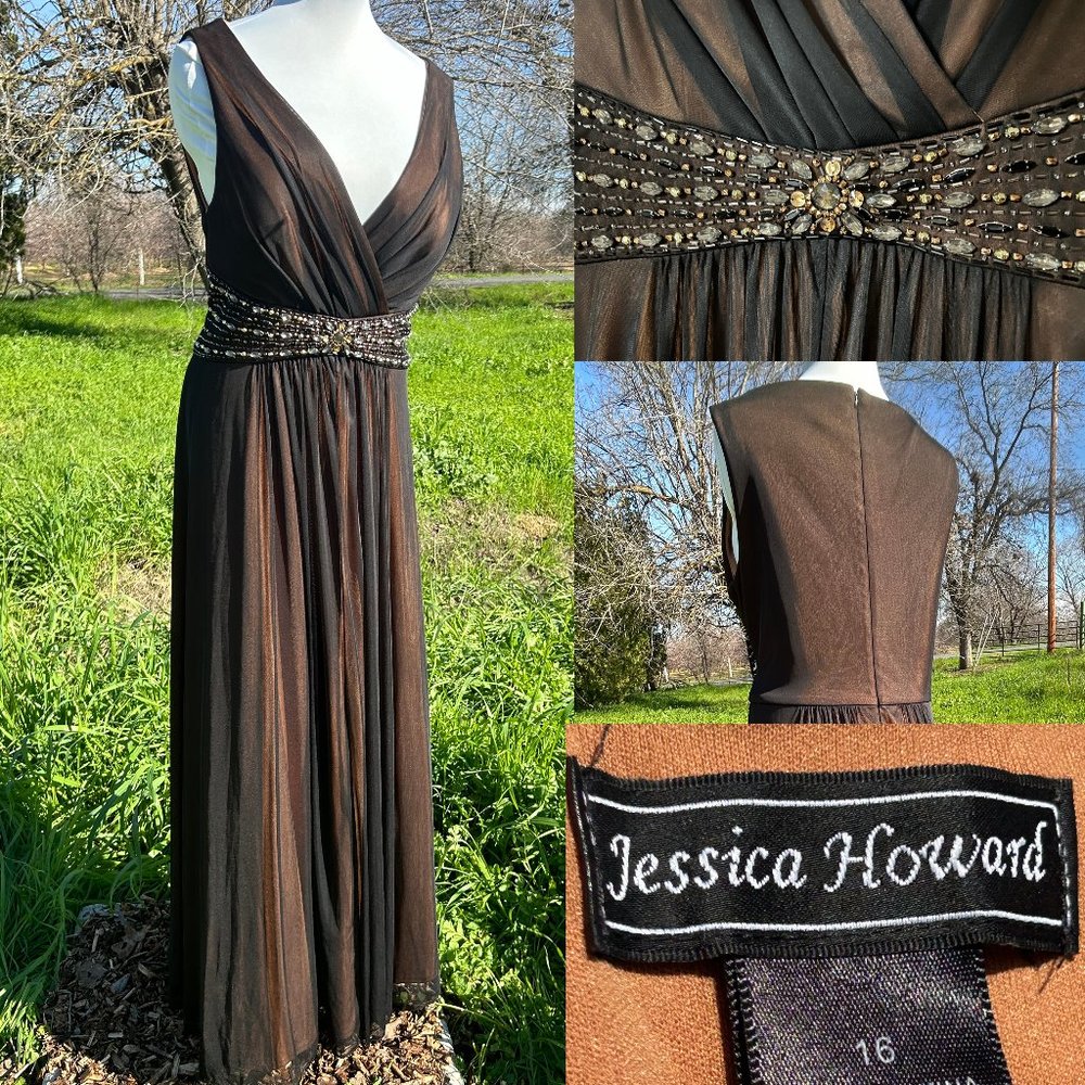 Jessica Howard Sz 16 Long Brown Beaded Surplice Gown Formal Dress V Neck